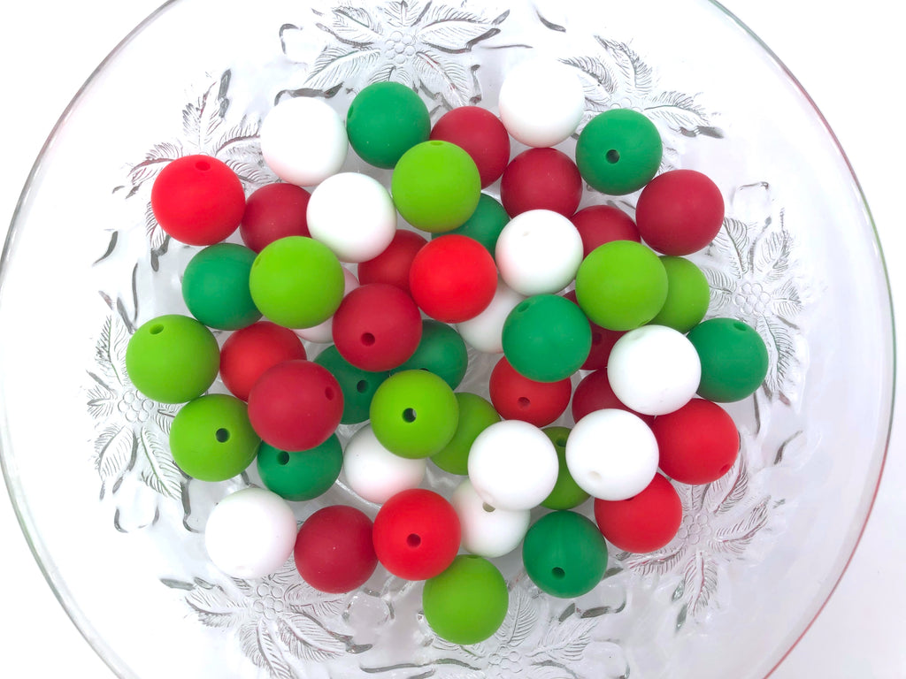 Shades of Red, Green & White Mix, 50 or 100 BULK Round Silicone Beads