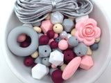 Pink Quartz, Wine, Gray, Beige and Pearl White Silicone Bulk Beads