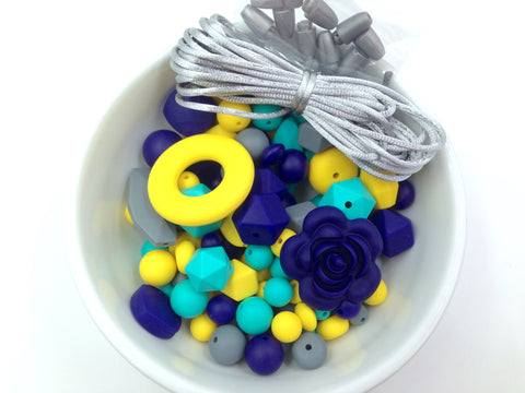 Yellow, Navy, Gray & Turquoise Bulk Silicone Bead Mix