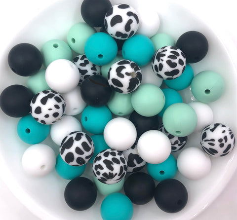 Turquoise & Mint Cow Print Silicone Bead Mix,  50 or 100 BULK Round Silicone Beads