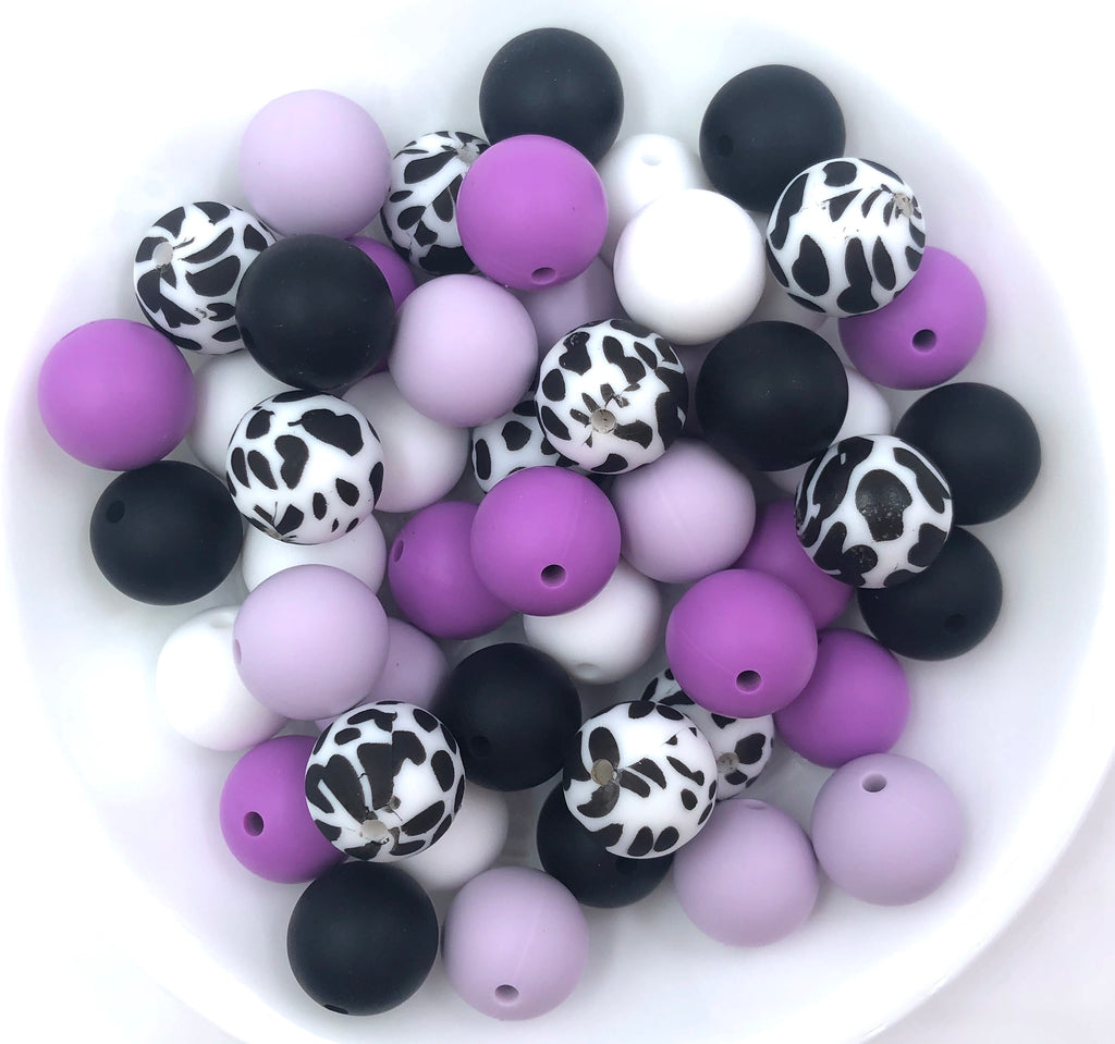 Shades of Purple Cow Print Silicone Bead Mix,  50 or 100 BULK Round Silicone Beads