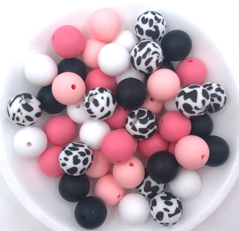 Shades of Pink Cow Print Silicone Bead Mix,  50 or 100 BULK Round Silicone Beads