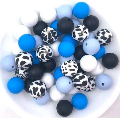 Shades of Blue Cow Print Silicone Bead Mix,  50 or 100 BULK Round Silicone Beads