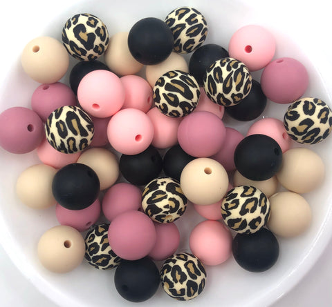 Shades of Rose Pink Leopard Silicone Bead Mix,  50 or 100 BULK Round Silicone Beads