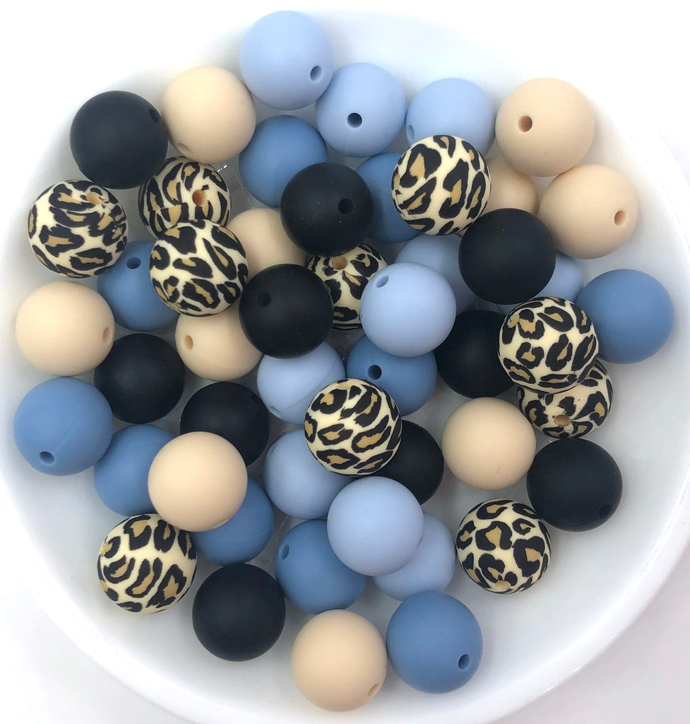Shades of Blue Leopard Silicone Bead Mix,  50 or 100 BULK Round Silicone Beads