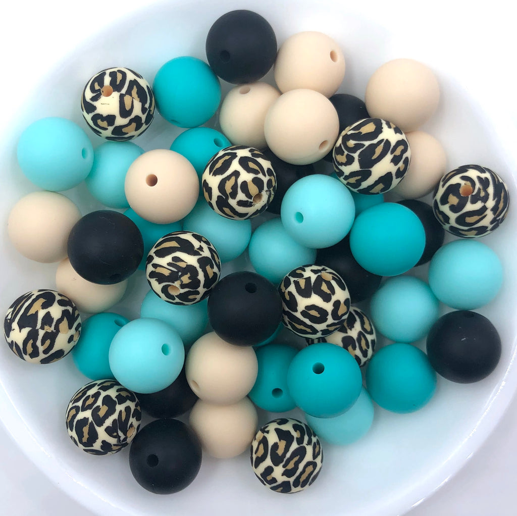Shades of Turquoise Leopard Silicone Bead Mix,  50 or 100 BULK Round Silicone Beads