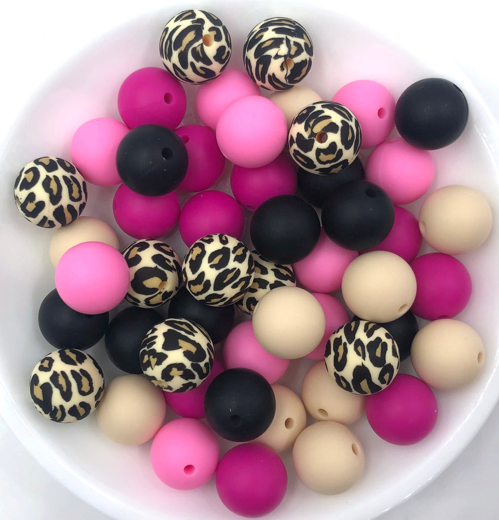 Shades of Pink Leopard Silicone Bead Mix,  50 or 100 BULK Round Silicone Beads