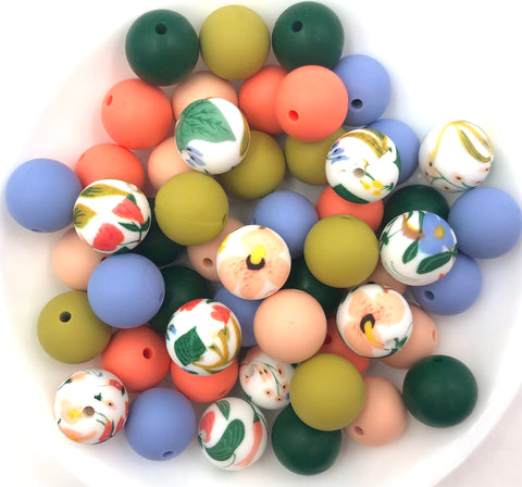 Spring Flower Silicone Bead Mix,  50 or 100 BULK Round Silicone Beads