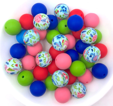 Blue & Pink Flower Silicone Bead Mix,  50 or 100 BULK Round Silicone Beads