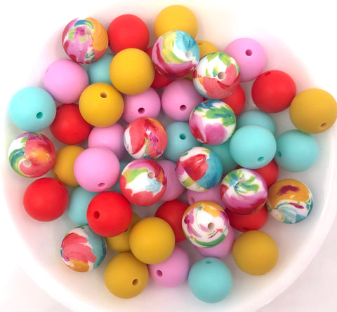 Summer Bloom Flower Silicone Bead Mix,  50 or 100 BULK Round Silicone Beads