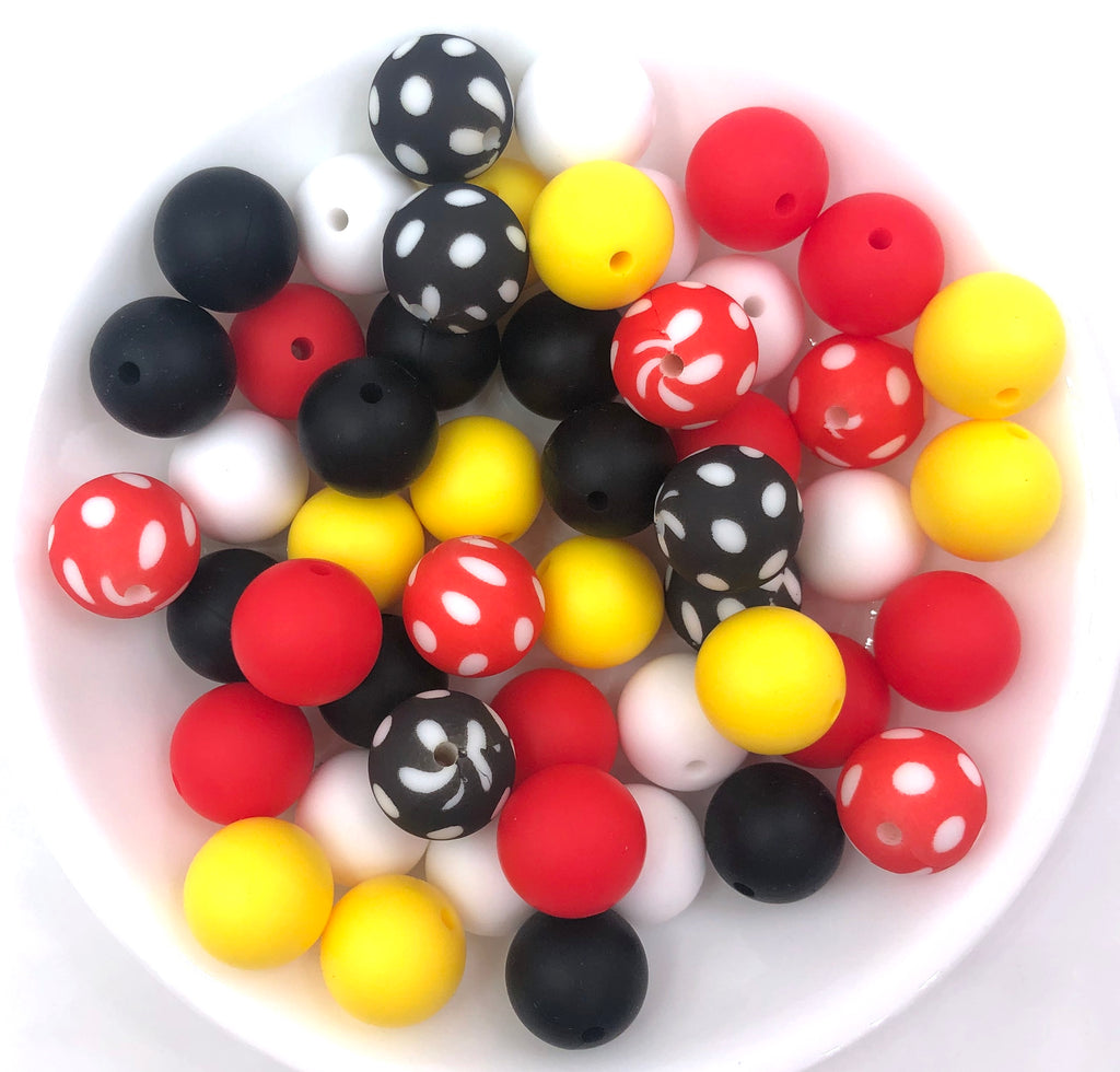 Red & Black Polka Dot Silicone Bead Mix,  50 or 100 BULK Round Silicone Beads