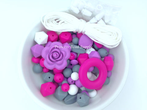 Hot Pink, Purple, White & Gray Silicone Bulk Beads