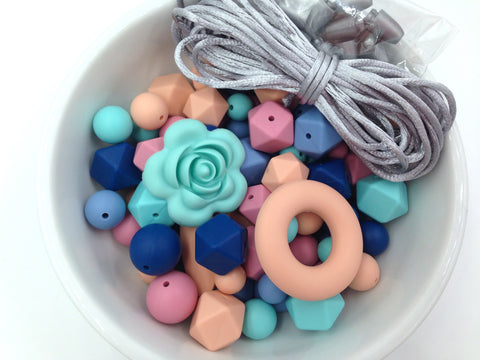 Shades of Blue, Peach and Dusty Rose. Bulk Silicone Bead Mix