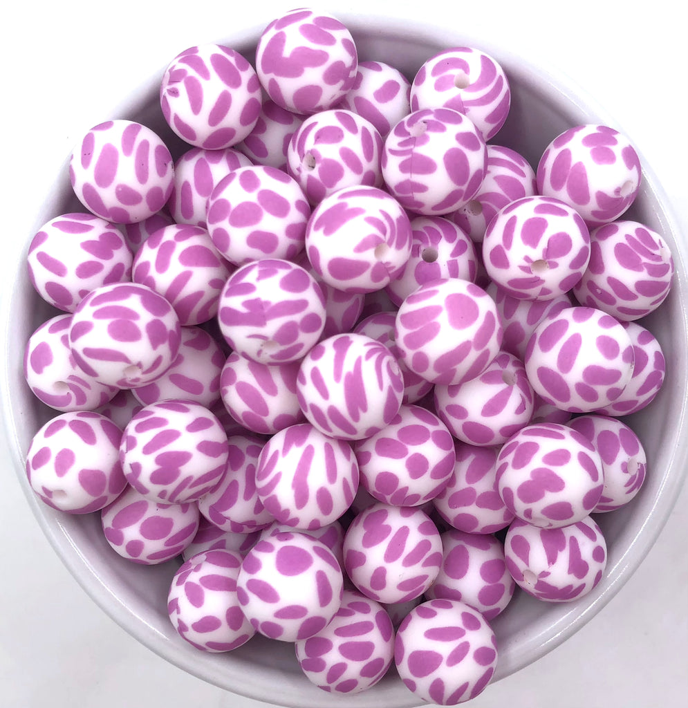 Purple Cow Print Silicone Beads - Dalmatian Printed Beads--15mm