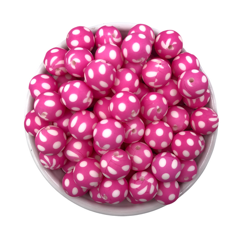 15mm Hot Pink Polka Dot Silicone Beads