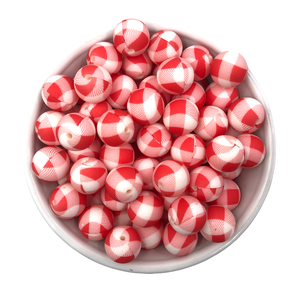 15mm Red Plaid Silicone Beads