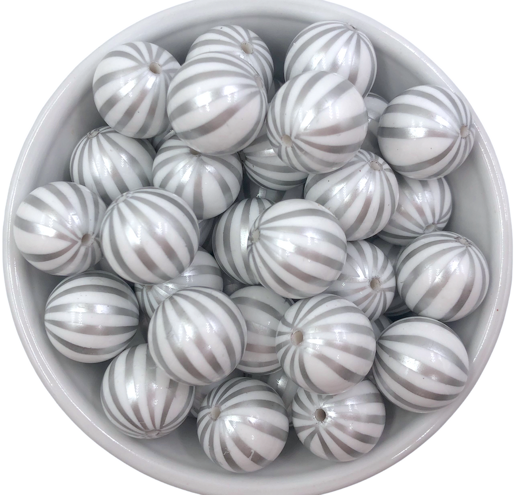20mm White & Silver Pin Stripe Chunky Beads