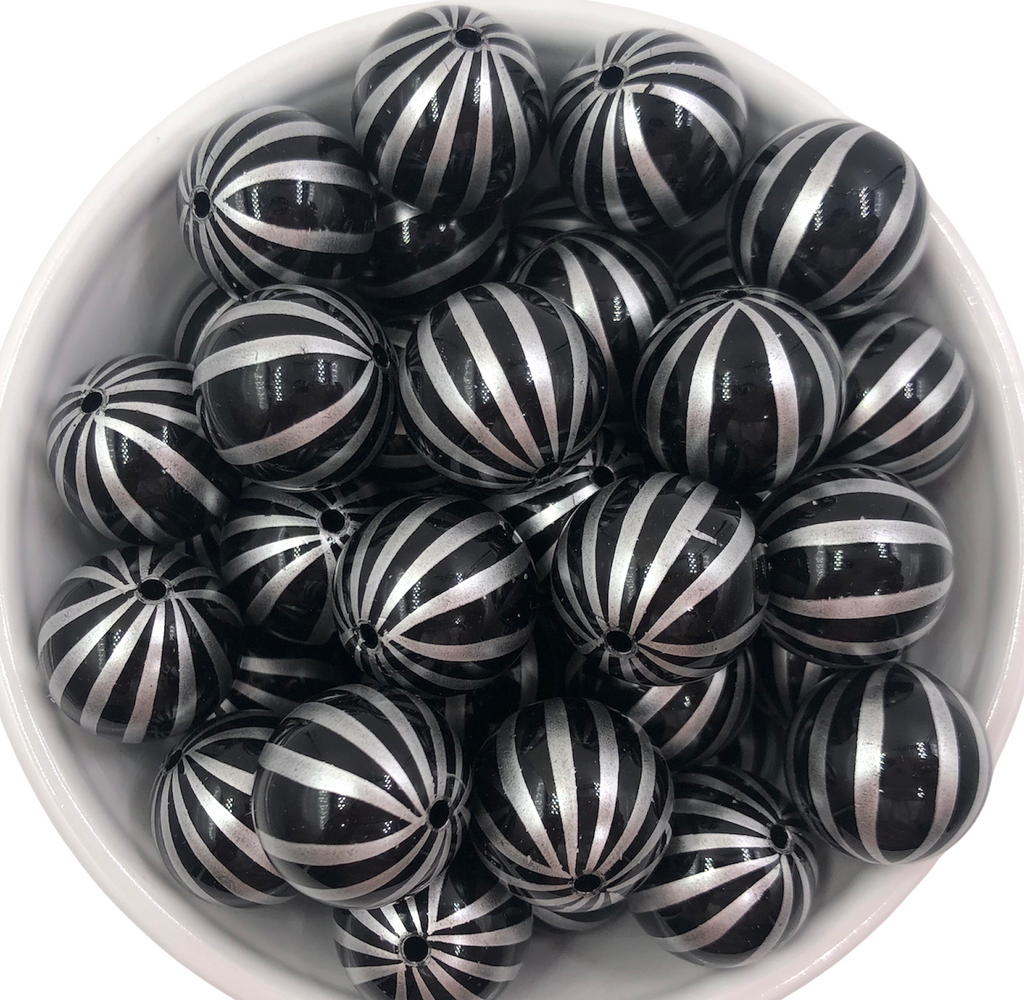 20mm Black & Silver Pin Stripe Chunky Beads