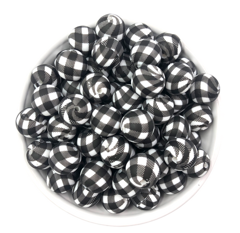 15mm Black & White Buffalo Plaid Silicone Beads