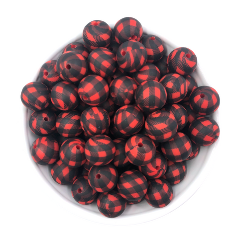 15mm Red & Black Buffalo Plaid Silicone Beads