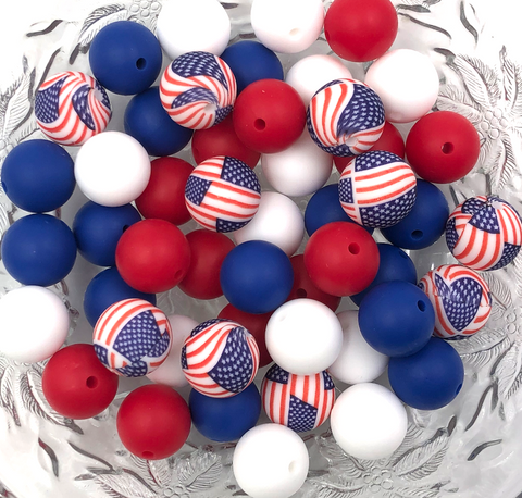 American Flag Silicone Bead Mix,  50 or 100 BULK Round Silicone Beads