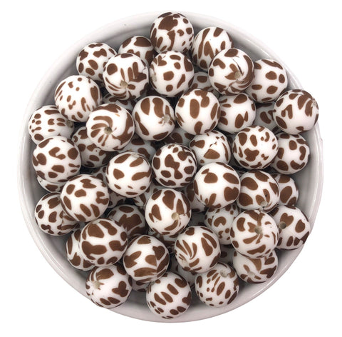 Brown Cow Print Silicone Beads - Dalmatian Printed Beads--12mm