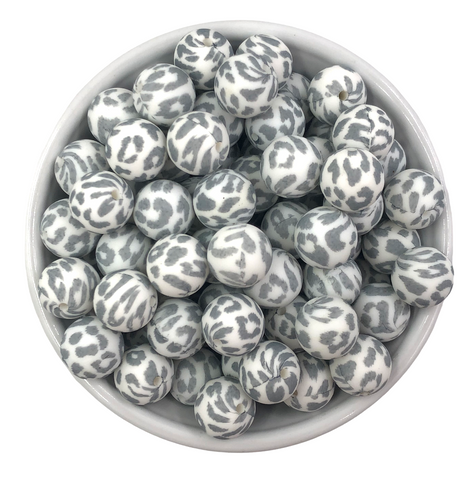 15mm White & Gray Leopard Silicone Beads