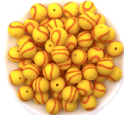 15mm Softball Printed Silicone Beads