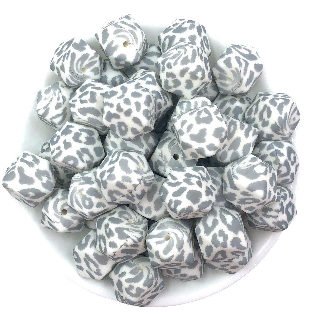 White & Gray Leopard Hexagon Silicone Beads--17mm