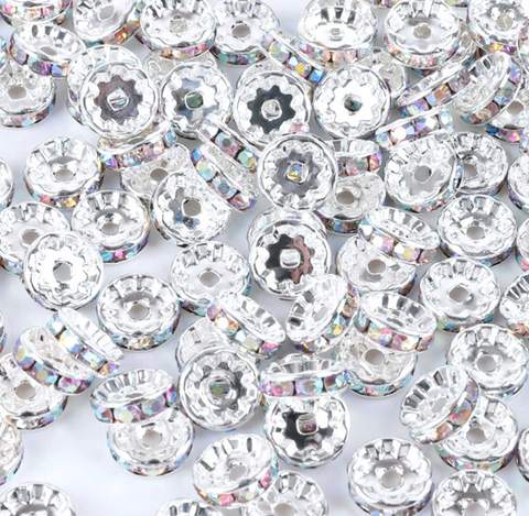 Crystal Rhinestone Rondelle Spacer Beads--10mm Silver