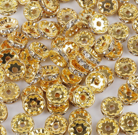 Crystal Rhinestone Rondelle Spacer Beads--10mm Gold