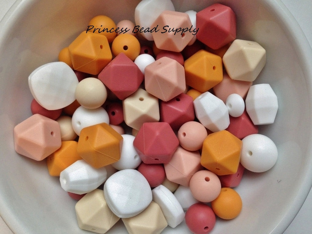White, Mango, Peach, Maroon & Beige Bulk Silicone Bead Mix