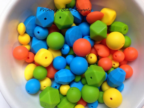 Blue, Green, Yellow & Orange Bulk Silicone Bead Mix