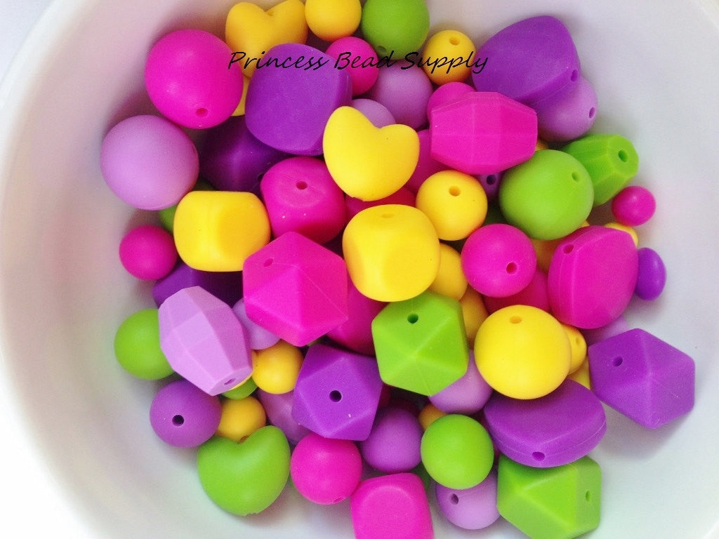 Purple, Pink Green & Yellow Bulk Silicone Bead Mix