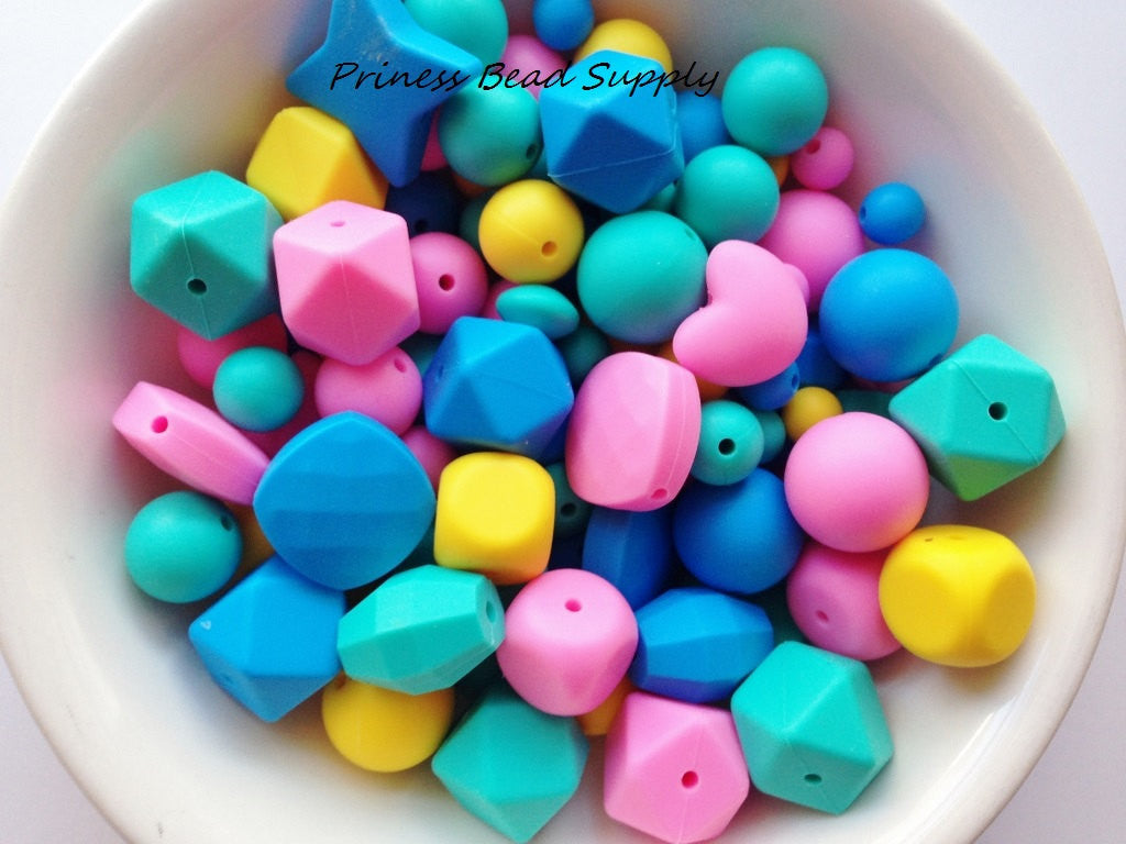 Pink, Blue, Yellow & Turquoise Bulk Silicone Bead Mix