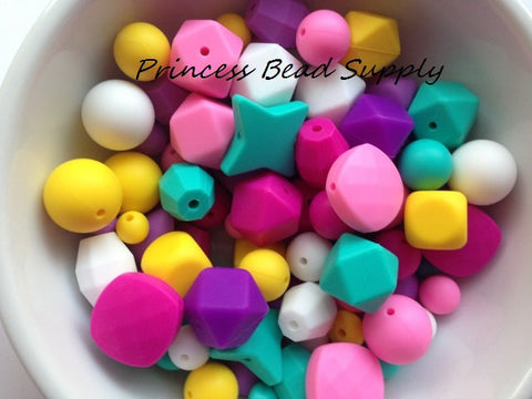 Pink, Purple, Yellow, White & Turquoise Silicone Bulk Beads