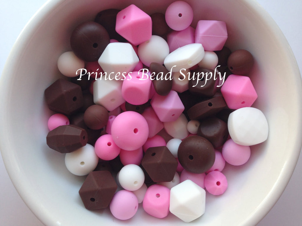 Pink, White & Brown Silicone Bulk Beads