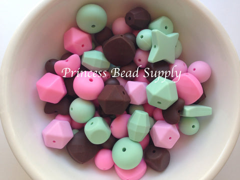 Pink, Mint & Brown Silicone Bulk Beads