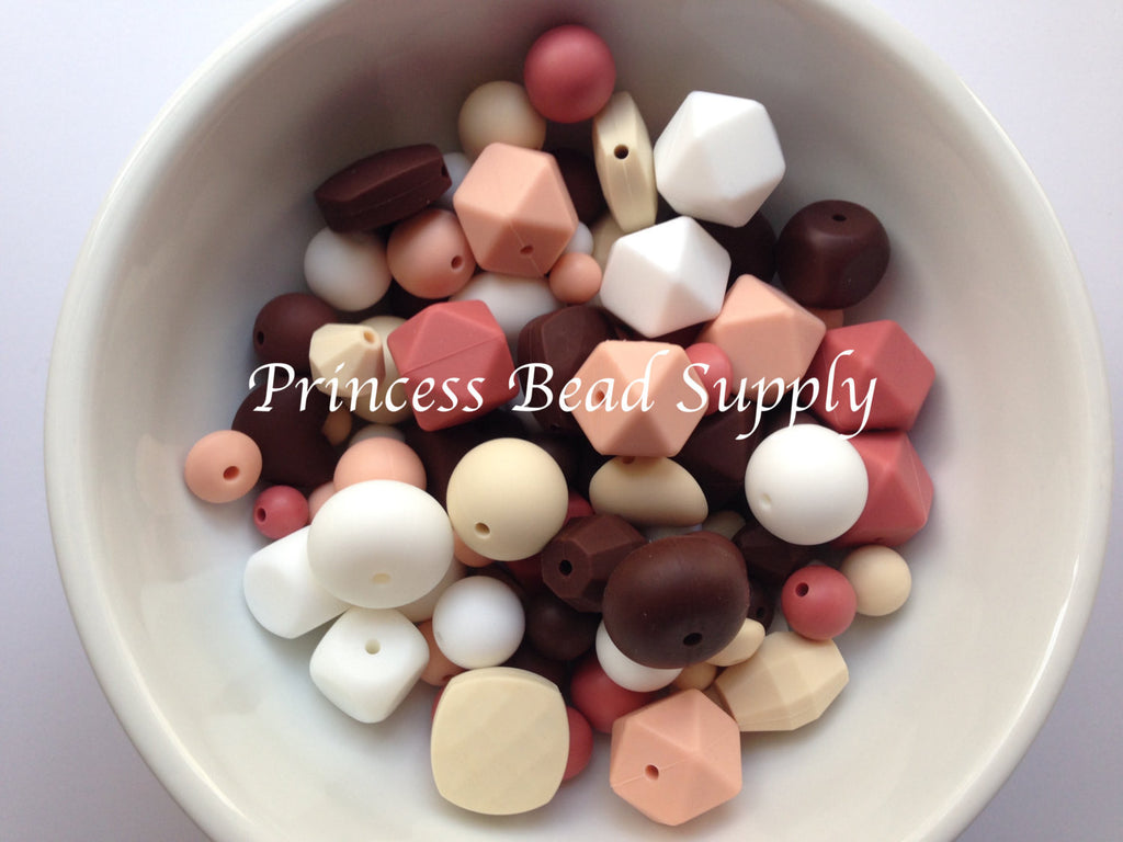 White, Beige, Brown, Peach & Maroon Silicone Bulk Beads